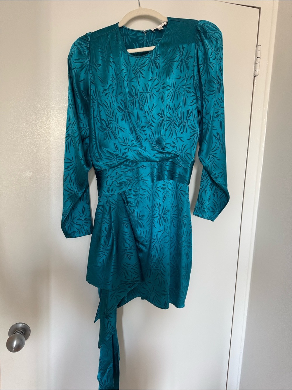 Ronny Kobo Collection Teal Floral Silk Long Sleeve Wrap Dress